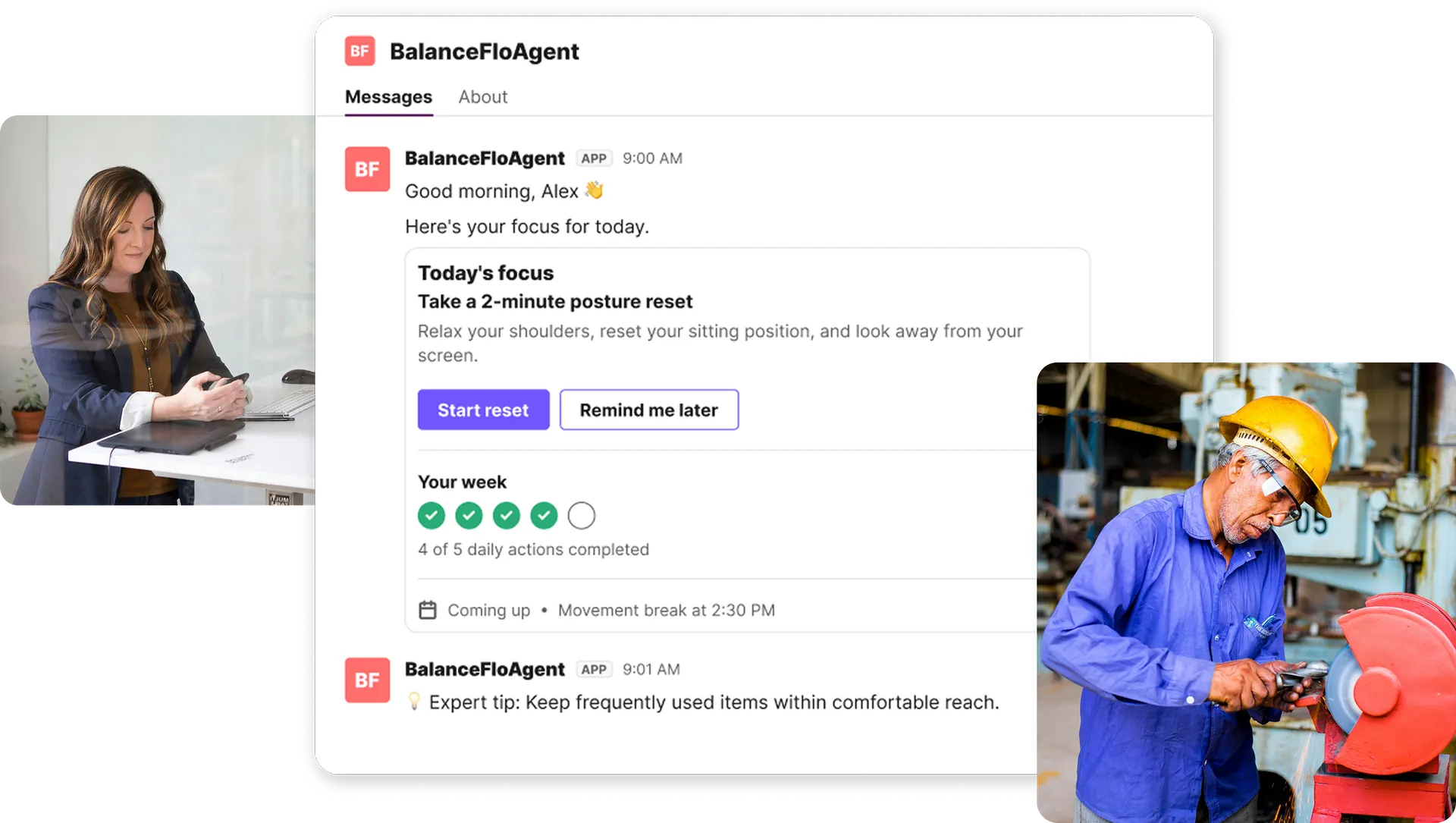 BalanceFlo product interface preview across ergonomics environments.