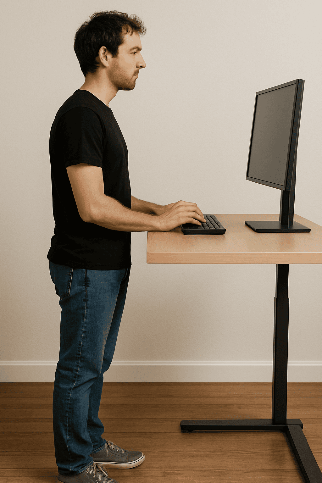 Standing desk height set below elbow level