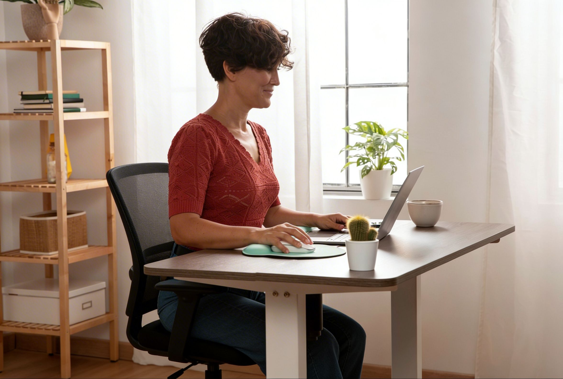 Person using a sit-stand desk at work