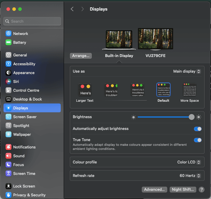 Display brightness settings on a computer