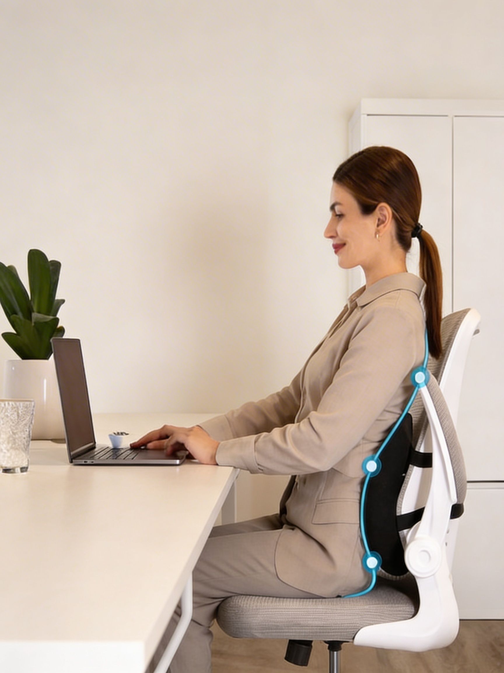 Worker using lumbar support at a desk
