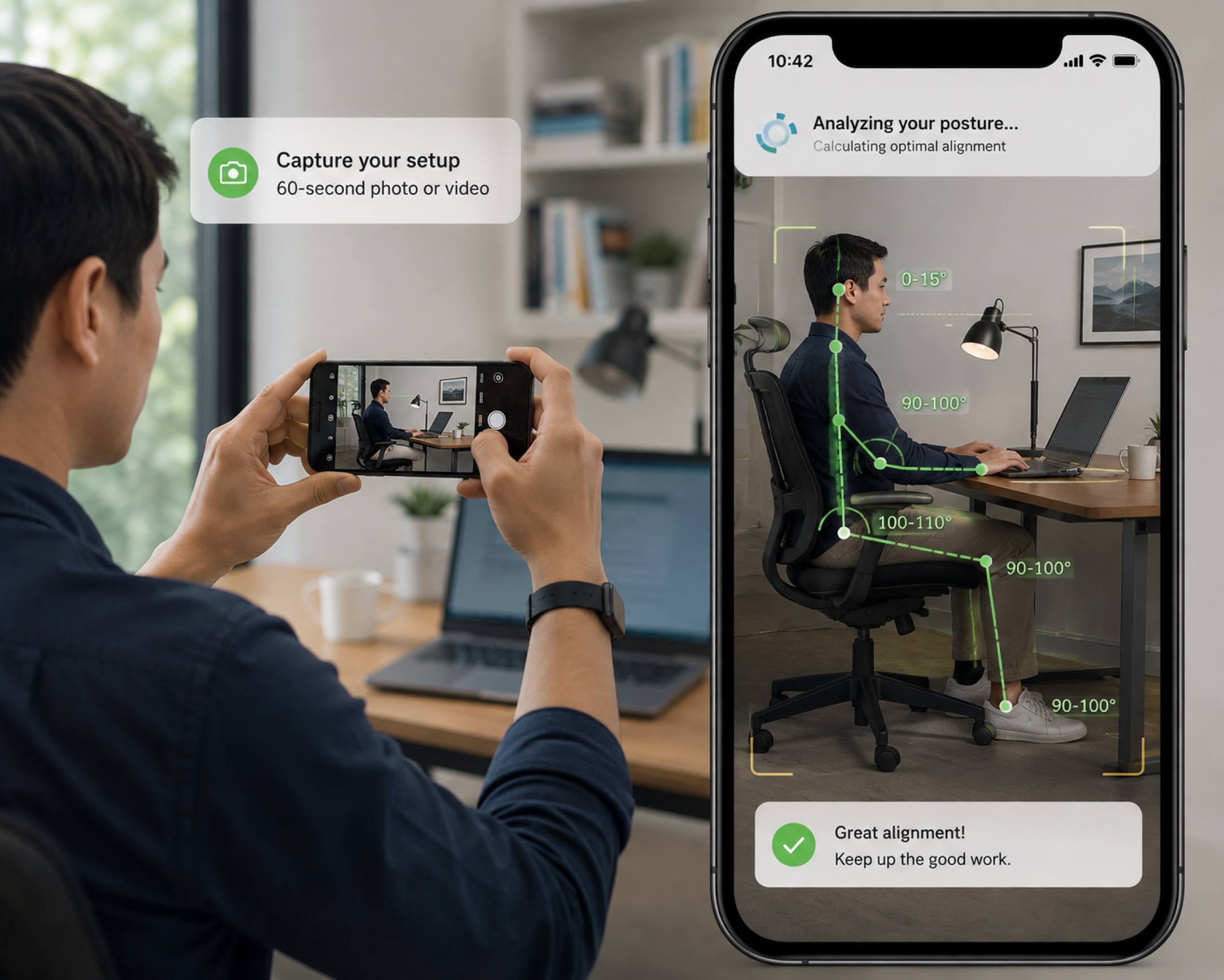 Phone camera capturing a workstation setup with AI posture analysis overlaying joint angles in real time
