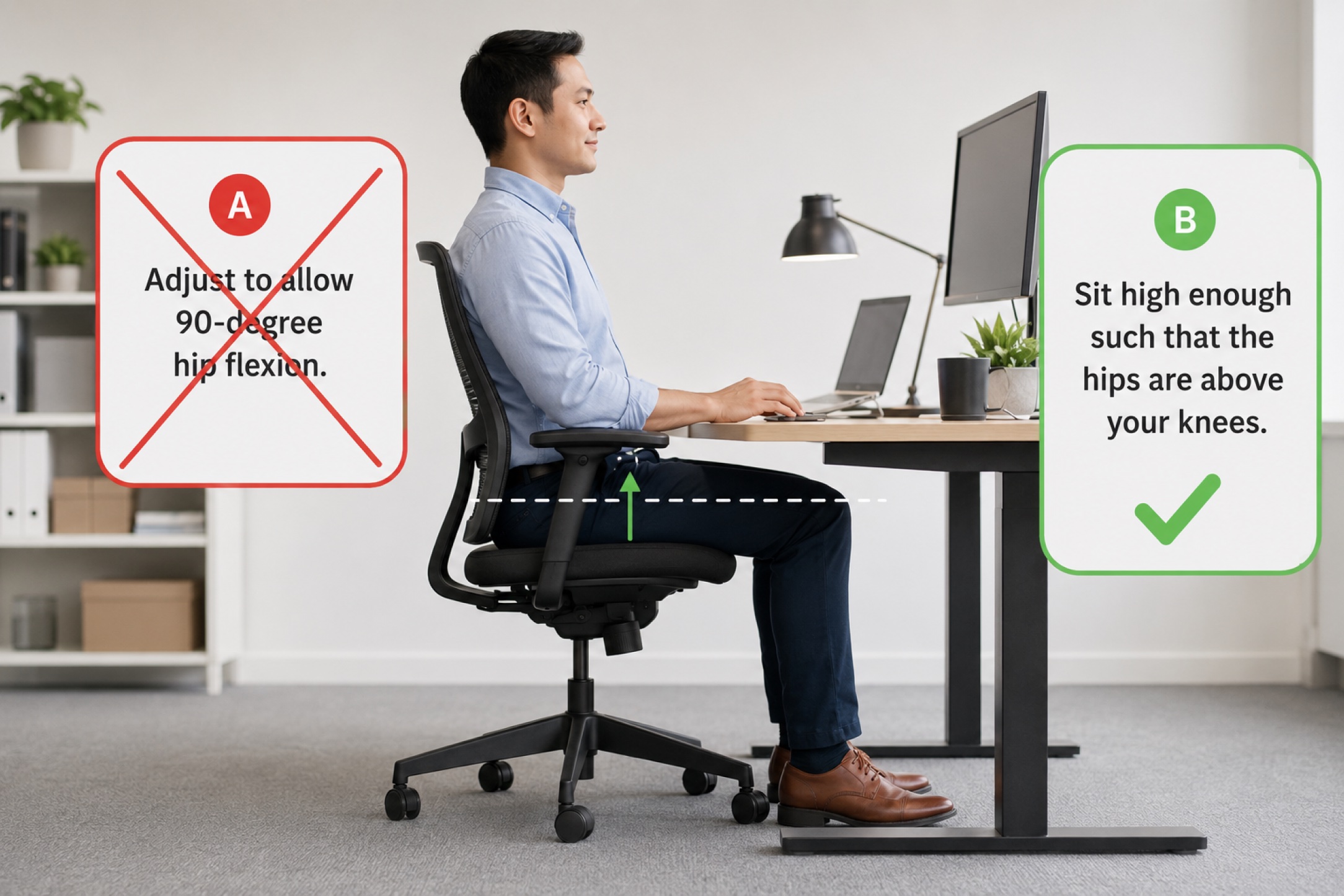 Office chair posture guidance comparing an impractical instruction to a simple hips-above-knees rule