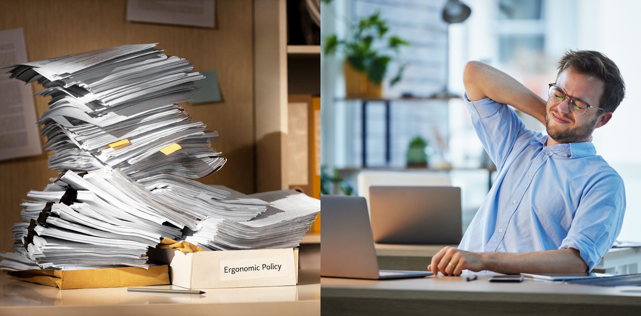 Split image: an Ergonomic Policy binder buried under paperwork on the left, an employee rubbing a sore neck at his desk on the right