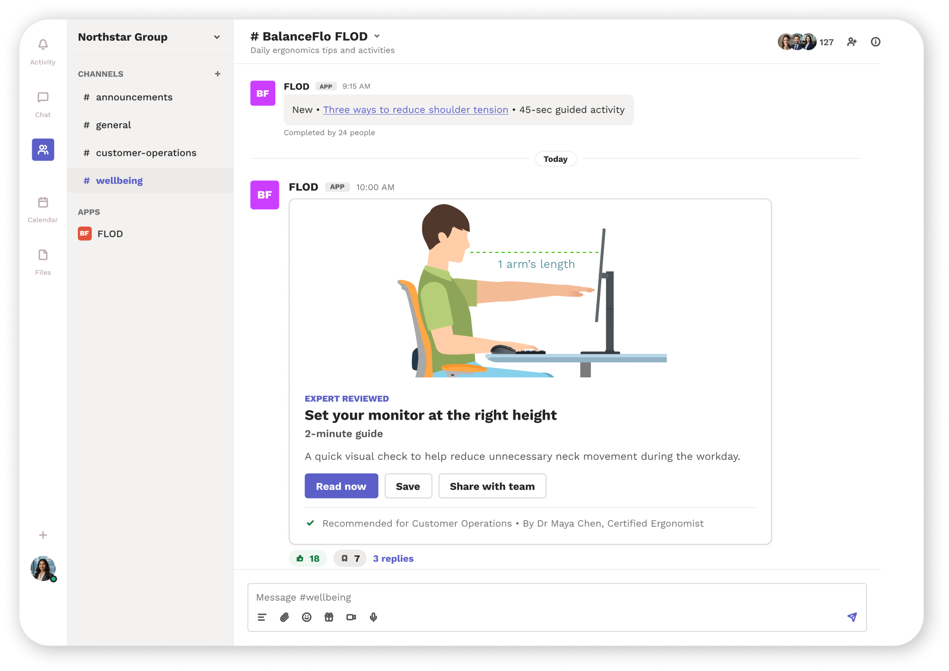BalanceFlo dashboard showing risk trends, an ergonomics score, and daily habit tracking.