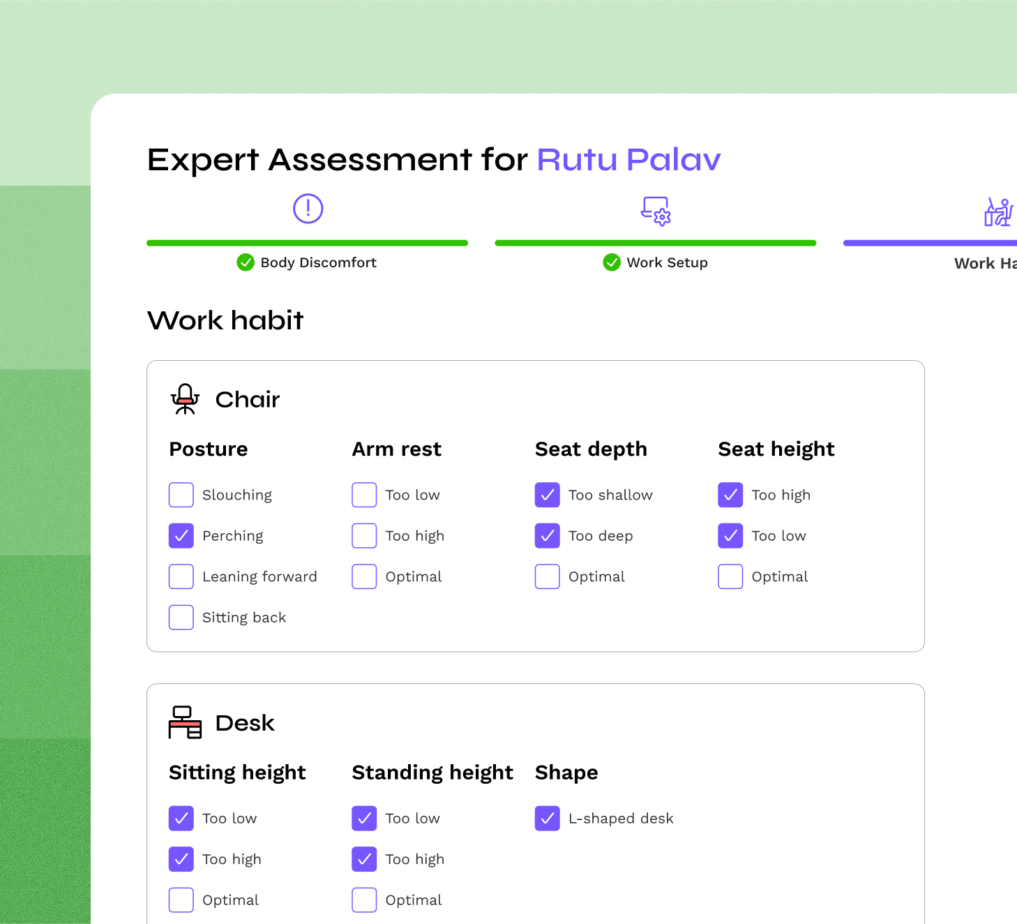 Expert ergonomist assessment view with detailed recommendations.