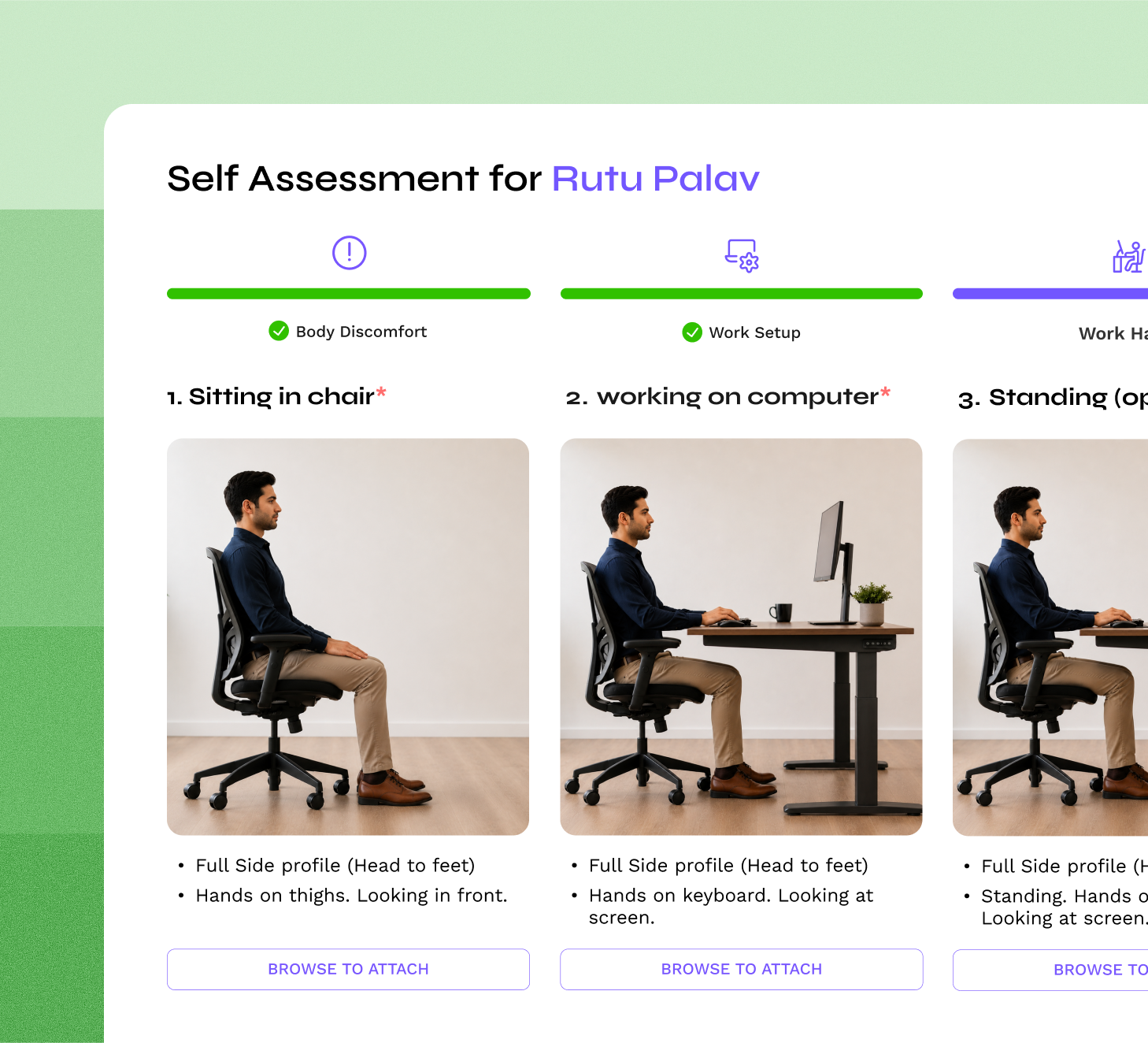 Self-assessment interface guiding an employee through a postural check.