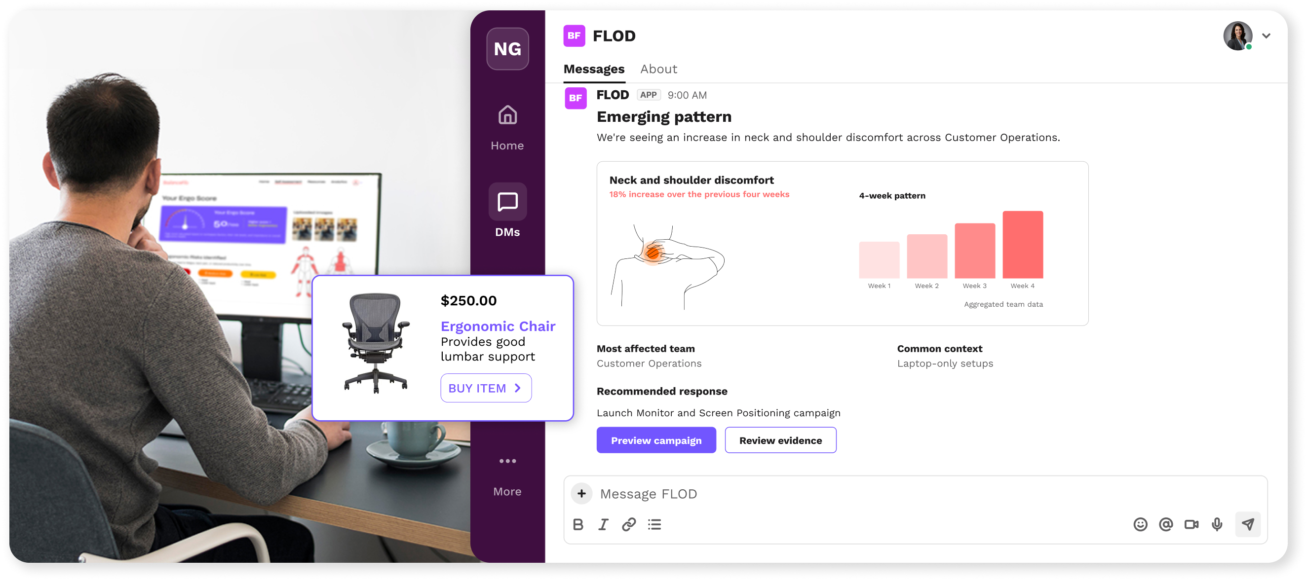 BalanceFlo dashboard showing risk trends, an ergonomics score, and daily habit tracking.