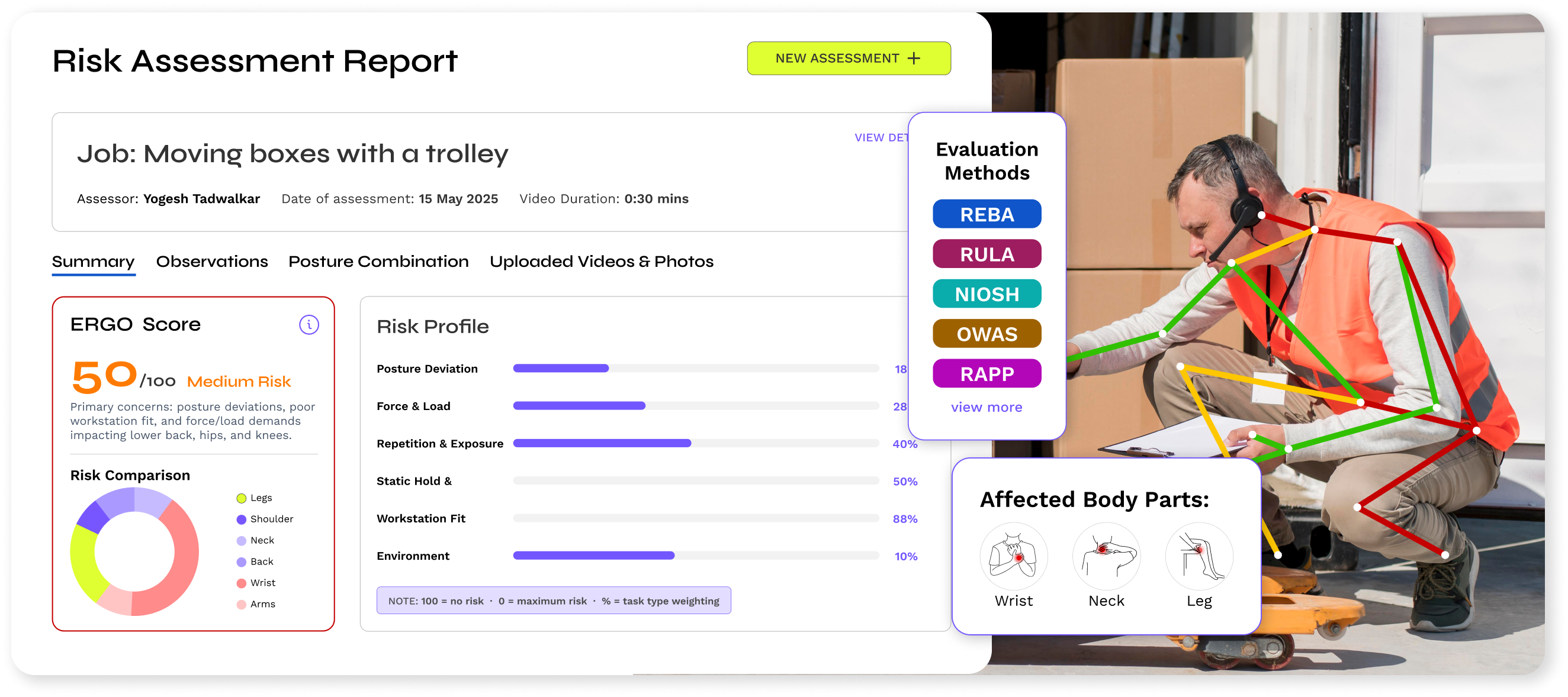 A warehouse worker lifting a box with AI pose-estimation overlay analysing their posture.